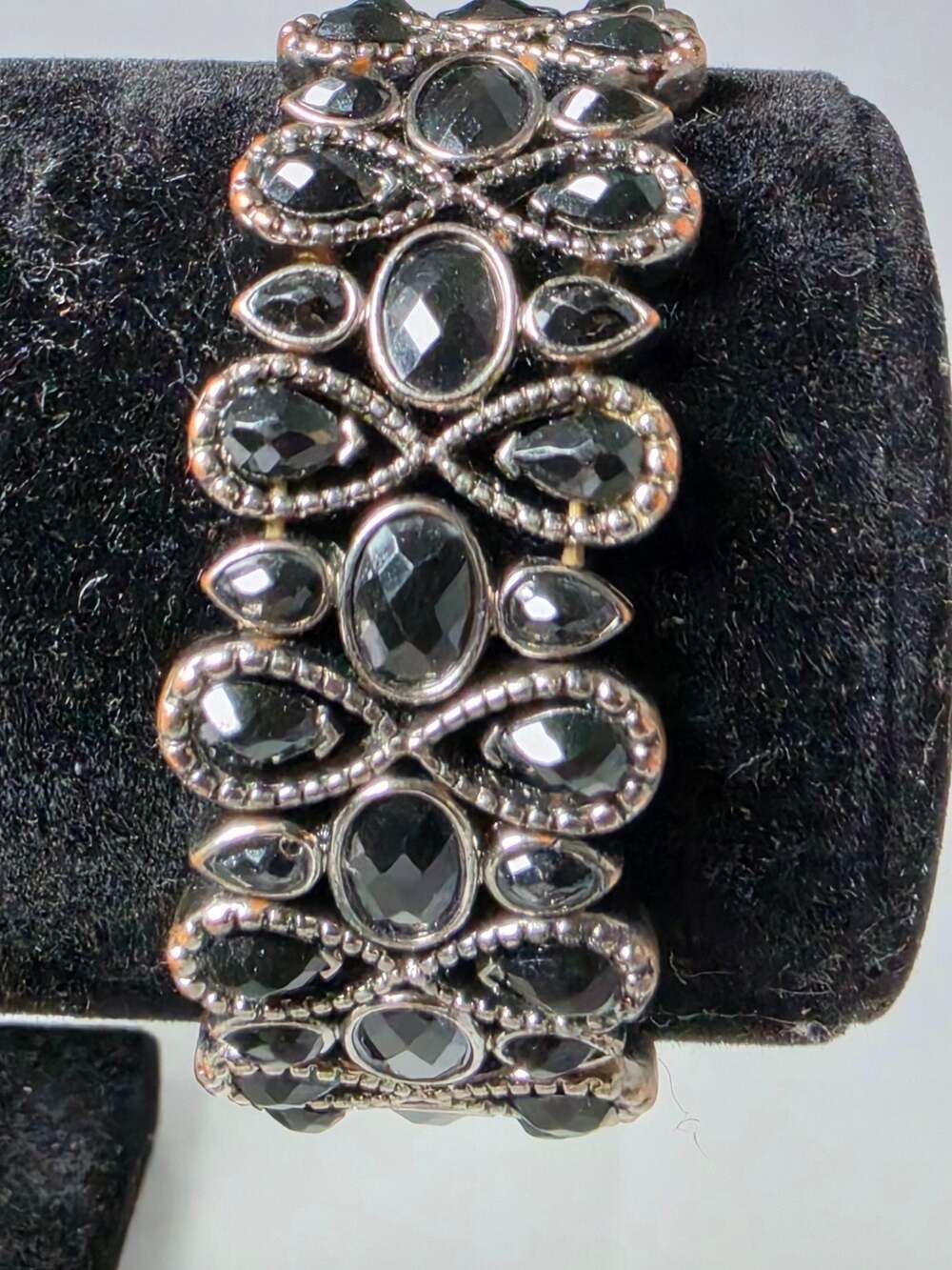 Cache Black Faceted Stone Stretch Bracelet in Antiqued Silver Tone